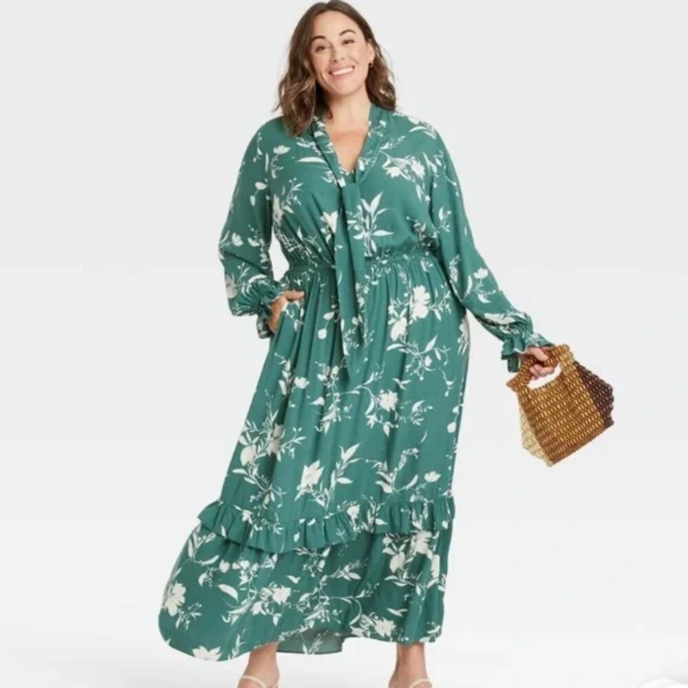 Women's Plus Ava & Viv Green Floral Tie-Neck Maxi Dress Size X
